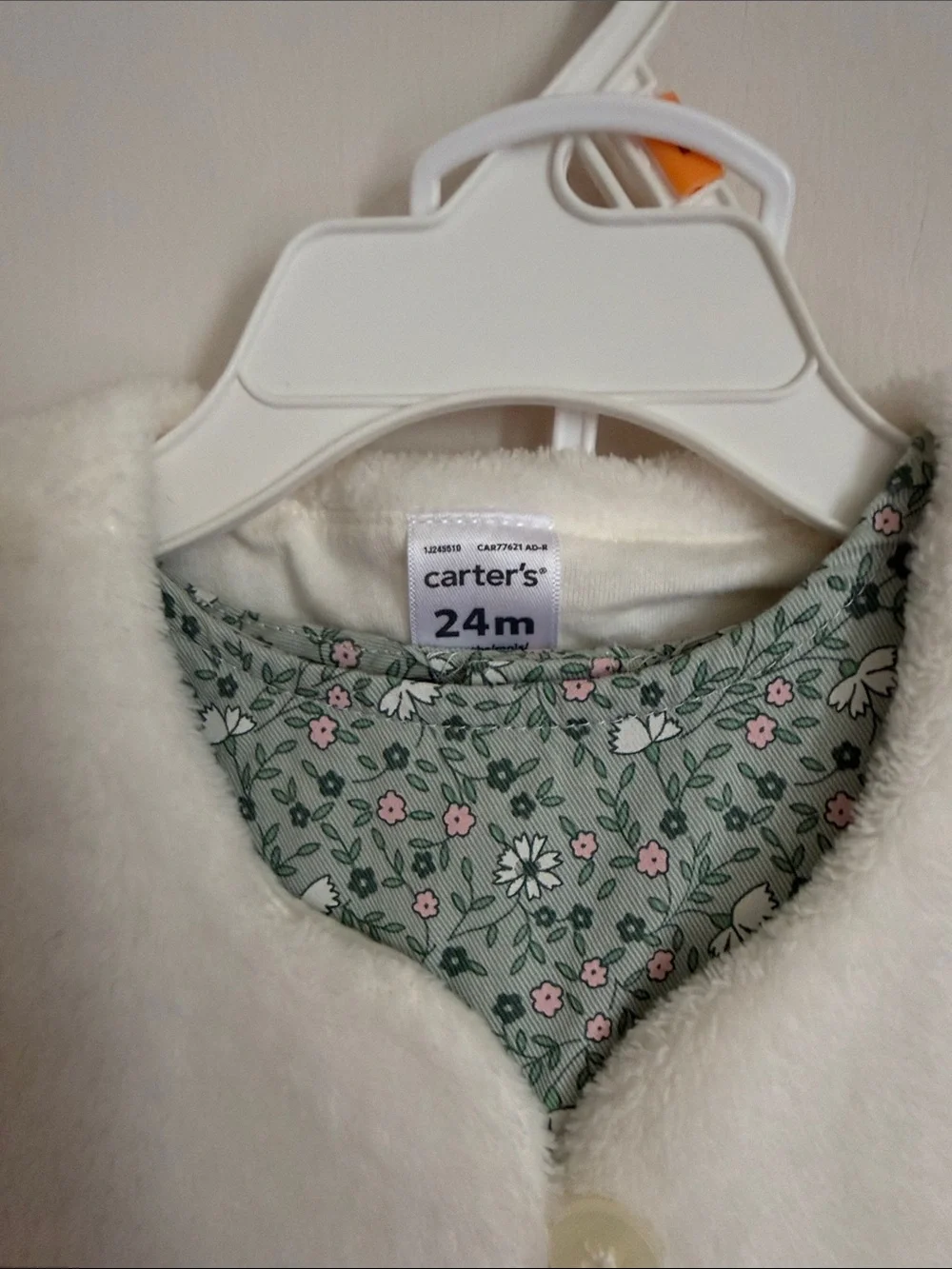 Carter's Green Floral Dress with Cream Faux Fur Vest and Pink Tights